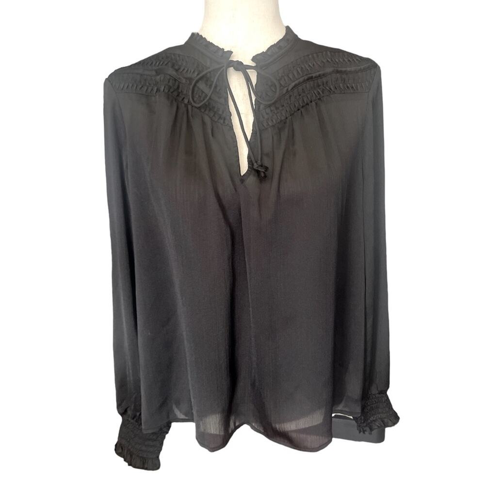Lucky Brand Black Silky Smocked Tie Neck Blouse S